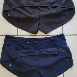2 pair Lululemon Speed up lo rise shorts size 6 in black and navy blue